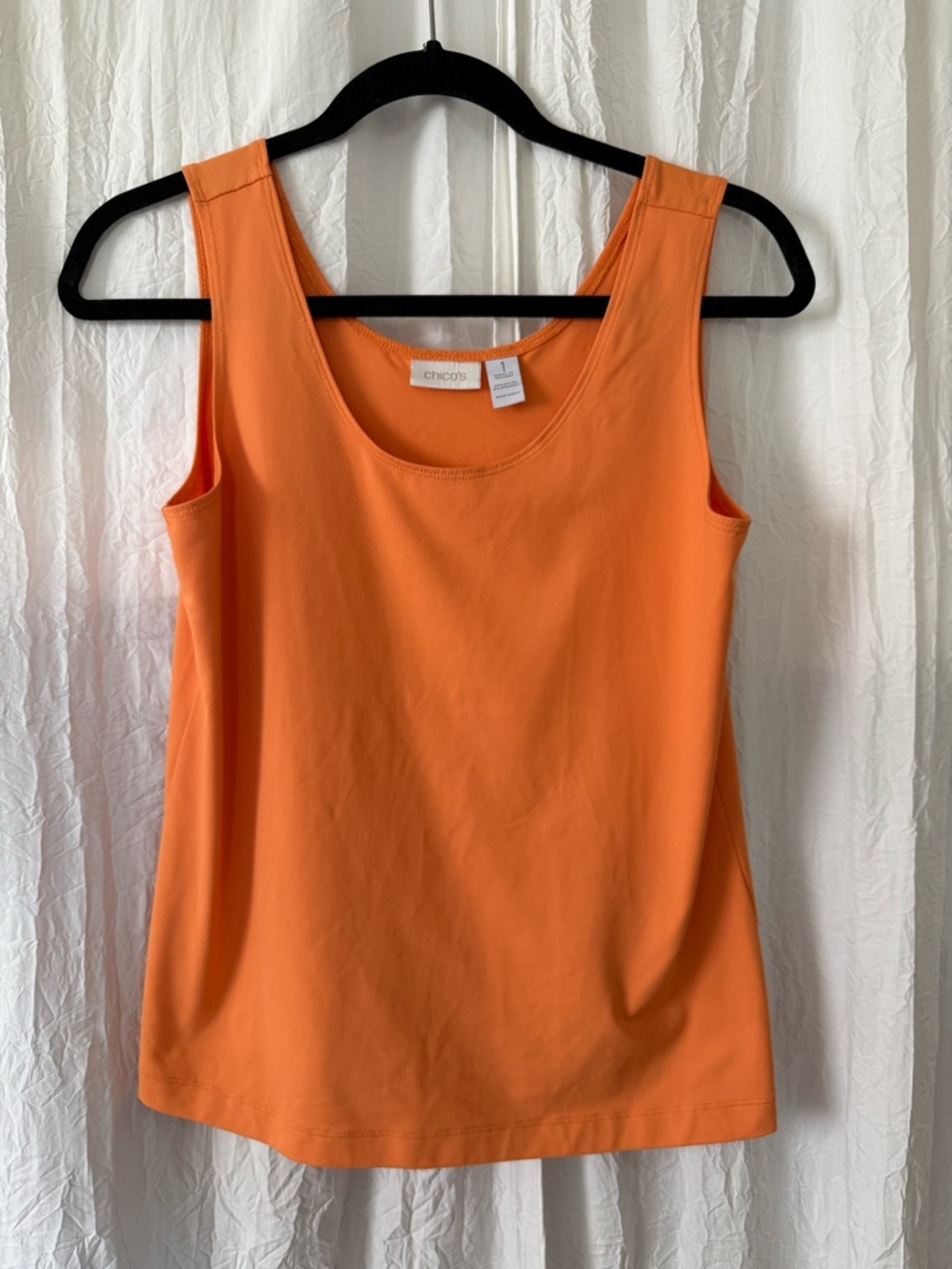 Chico’s Melon Orange Tank Top Size 1 (M), Drapey Stretch Knit fit scoop neck EUC